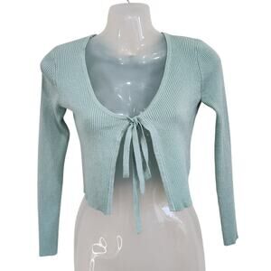 Twine & String Tie Front Crop Cardigan Sweater Ribbed Knit Mint Green Size XS